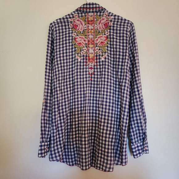 Johnny Was Workshop Gingham Plaid Embroidered Floral Button Down Top Rodeo Shirt - Picture 11 of 15